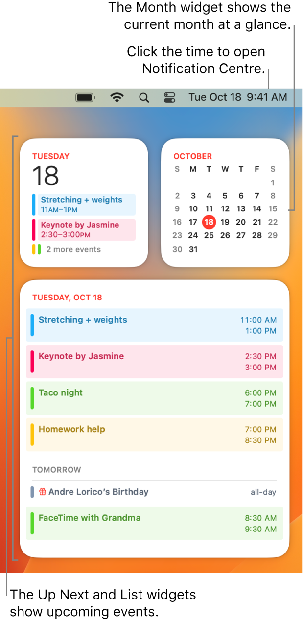 Three Calendar widgets — an Up Next widget, a List widget showing upcoming events for the current day, and a Month widget showing the current month. Click the date and time in the menu bar to open Notification Centre and customise widgets.