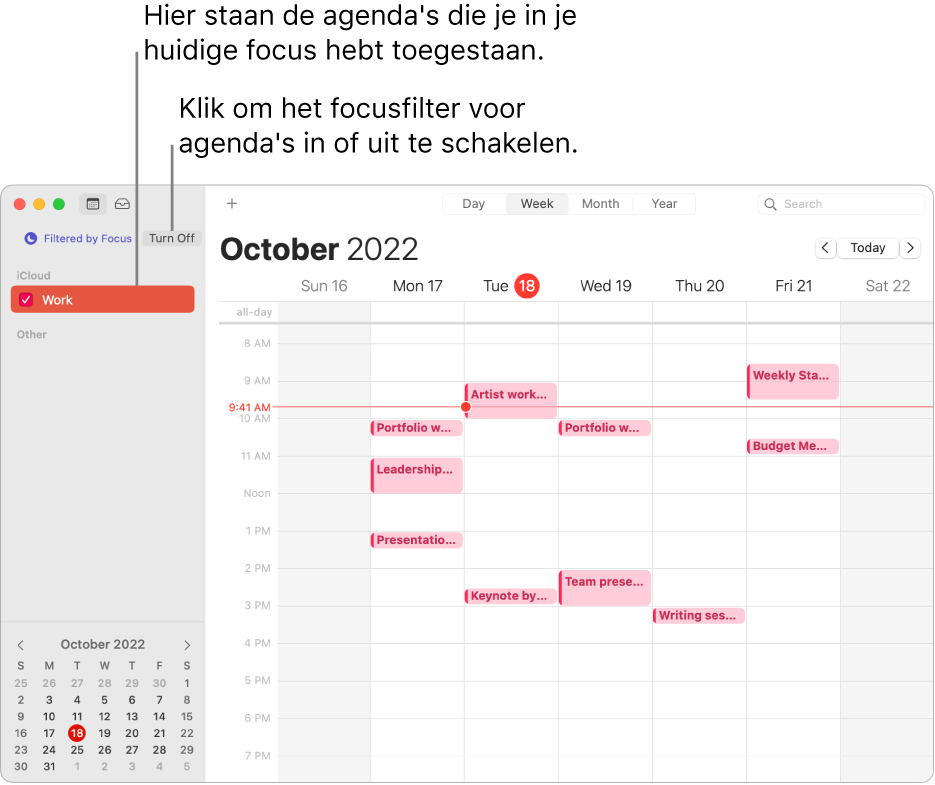 Een Agenda-venster in de weekweergave met alleen de werkagenda in de navigatiekolom nadat de focus 'Werk' is ingeschakeld.