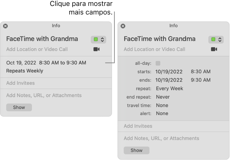 A imagem à esquerda mostra uma janela de informação sobre um evento não expandida. À direita, a janela Informação do mesmo evento está expandida para mostrar os campos adicionais, como início, fim, repetição e tempo de viagem.