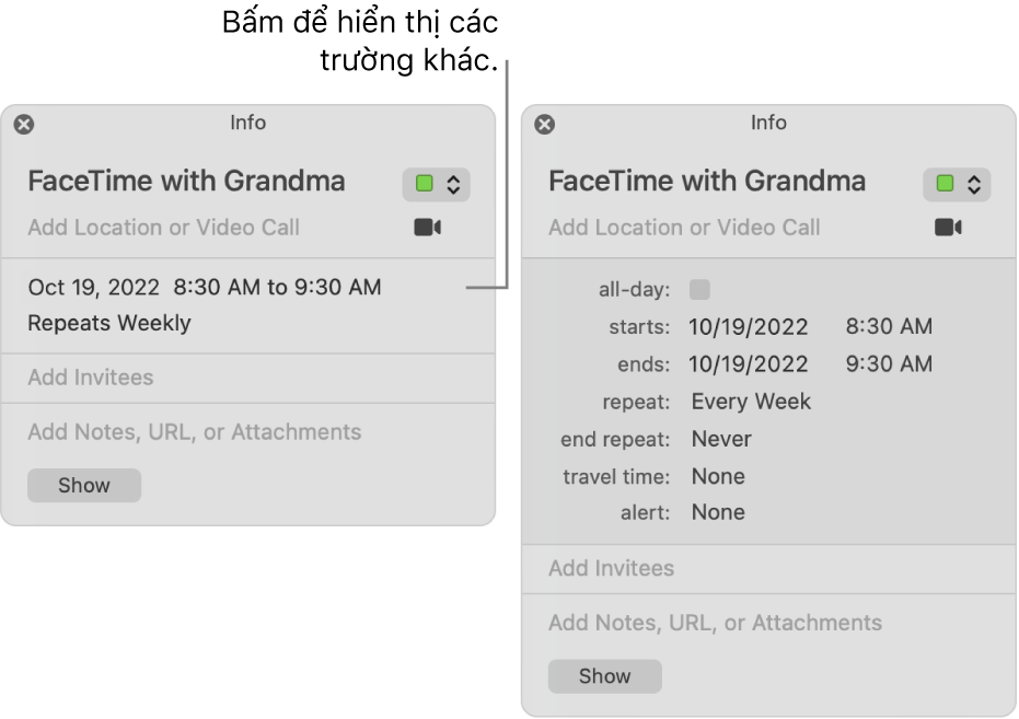 Hình ảnh ở bên trái hiển thị cửa sổ Thông tin không được mở rộng cho sự kiện. Ở bên phải, cửa sổ Thông tin cho cùng một sự kiện được mở rộng để hiển thị các trường khác, chẳng hạn như thời gian bắt đầu, kết thúc, lặp lại và di chuyển.