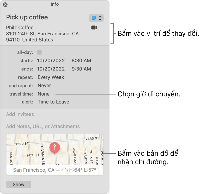 Cửa sổ thông tin cho sự kiện, với con trỏ ở trên menu bật lên Thời gian Di chuyển. Bấm vào vị trí để thay đổi vị trí. Chọn thời gian di chuyển từ menu bật lên. Bấm vào bản đồ để nhận chỉ đường.