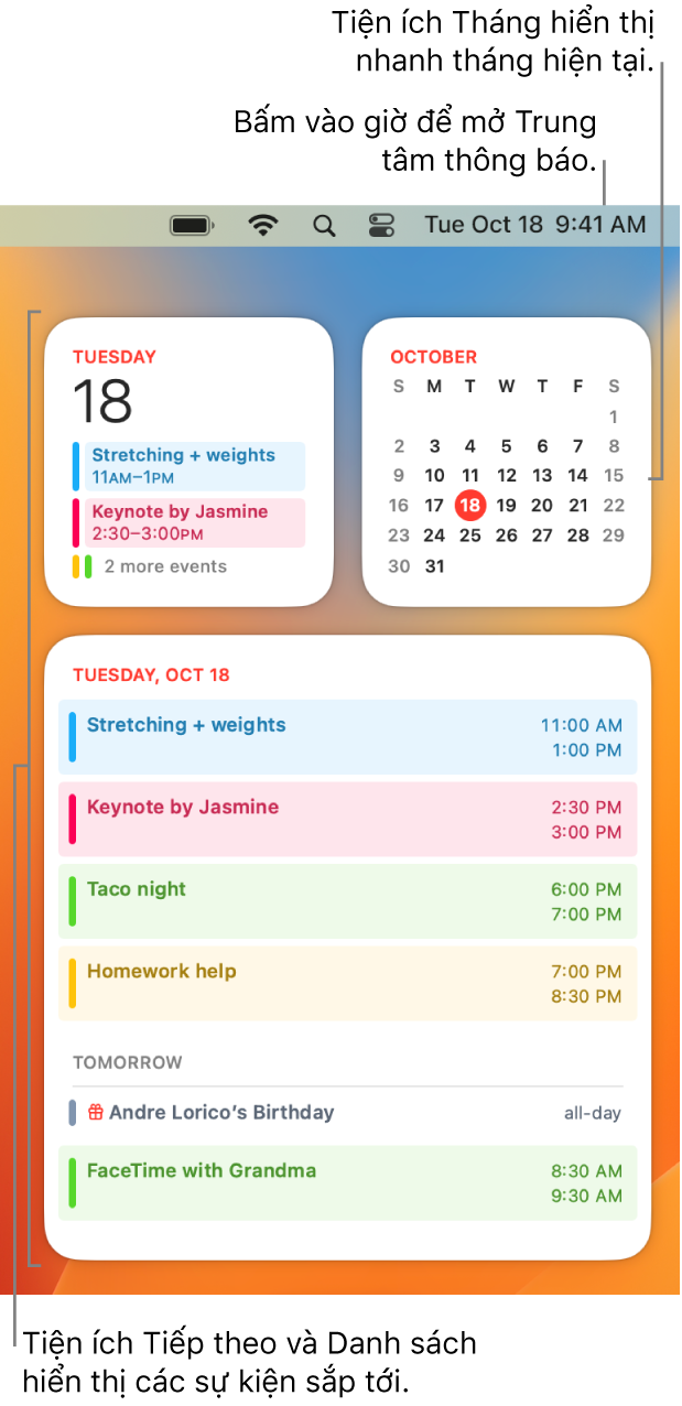 Ba tiện ích Lịch—tiện ích Tiếp theo và tiện ích Danh sách đang hiển thị các sự kiện sắp tới cho ngày hiện tại và tiện ích Tháng đang hiển thị tháng hiện tại. Bấm vào ngày và giờ trong thanh menu để mở Trung tâm thông báo và tùy chỉnh các tiện ích.