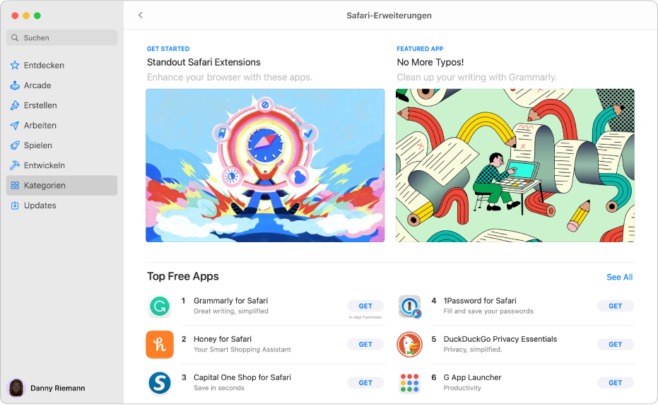 Die Seite „Safari-Erweiterungen“ des Mac App Store. Die Seitenleiste auf der linken Seite enthält Links zu anderen Seiten: Entdecken, Erstellen, Arbeiten, Spielen, Entwickeln, Kategorien und Updates. Auf der rechten Seite befinden sich die verfügbaren Safari-Erweiterungen.