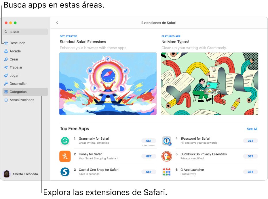 La página de Mac App Store de extensiones de Safari. La barra lateral de la izquierda incluye enlaces a otras páginas: Descubrir, Arcade, Crear, Trabajar, Jugar, Desarrollar, Categorías, y Actualizaciones. A la derecha se encuentran extensiones disponibles de Safari.