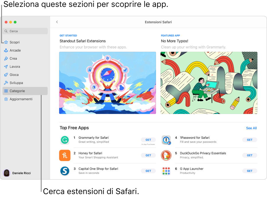 La pagina di App Store sul Mac delle estensioni di Safari. La barra laterale a sinistra presenta link ad altre sezioni, come Scopri, Arcade, Crea, Lavoro, Giochi, Per sviluppatori, Categorie e Aggiornamenti. A destra, si trovano le estensioni di Safari disponibili.