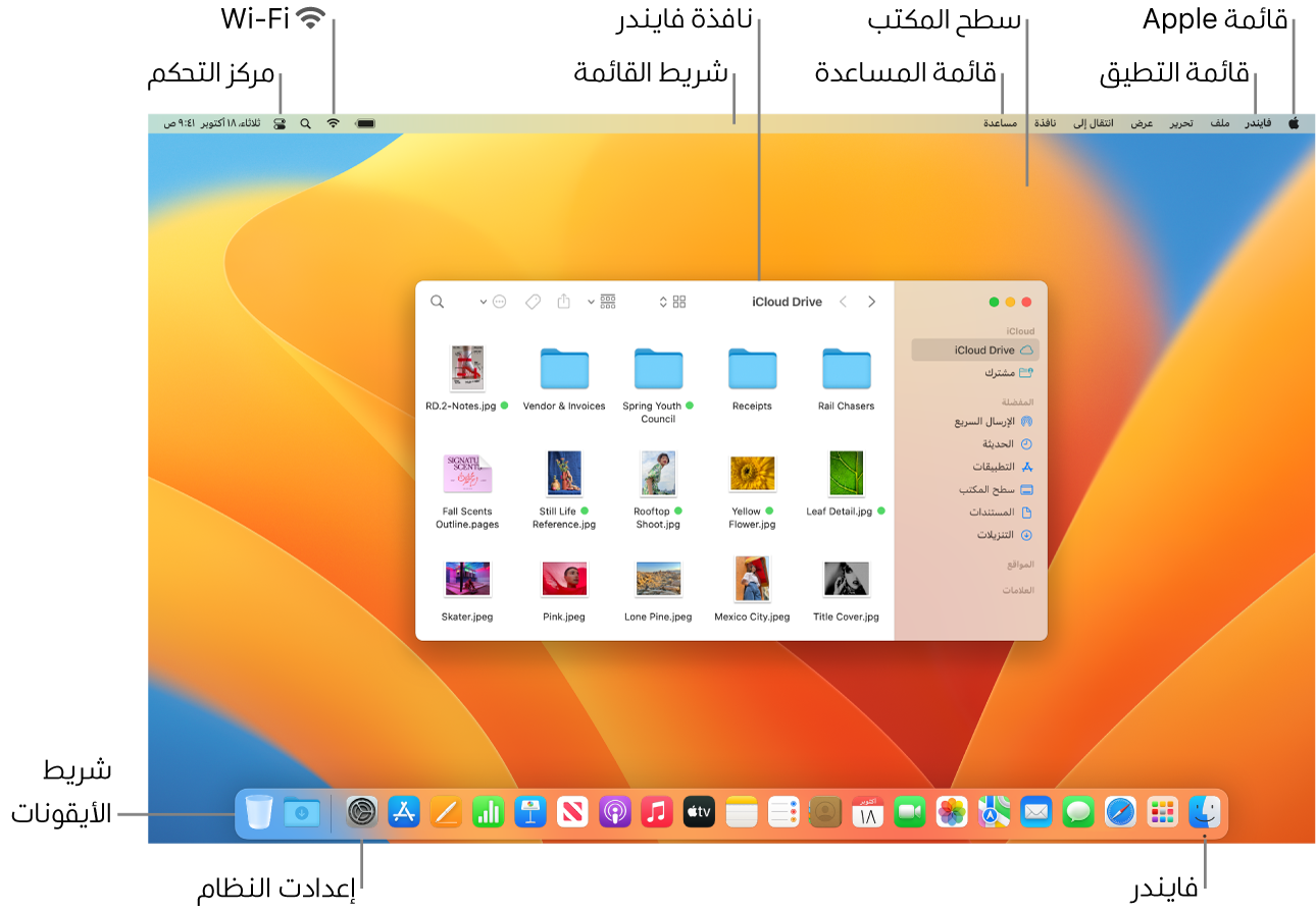 شاشة Mac تعرض قائمة Apple وسطح المكتب وقائمة المساعدة ونافذة فايندر وشريط القائمة وأيقونة Wi-Fi وأيقونة مركز التحكم وأيقونة فايندر وأيقونة إعدادات النظام وشريط الأيقونات.