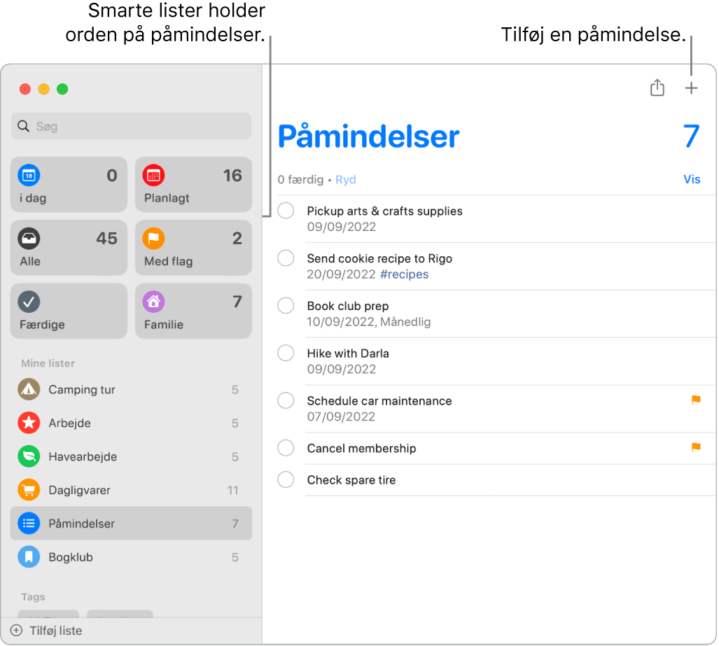 Et vindue i Påmindelser med smarte lister til venstre og andre påmindelser og lister nedenfor. Markøren er placeret i en påmindelse. Der er billedforklaringer til smarte lister og til knappen “Tilføj en ny påmindelse”.