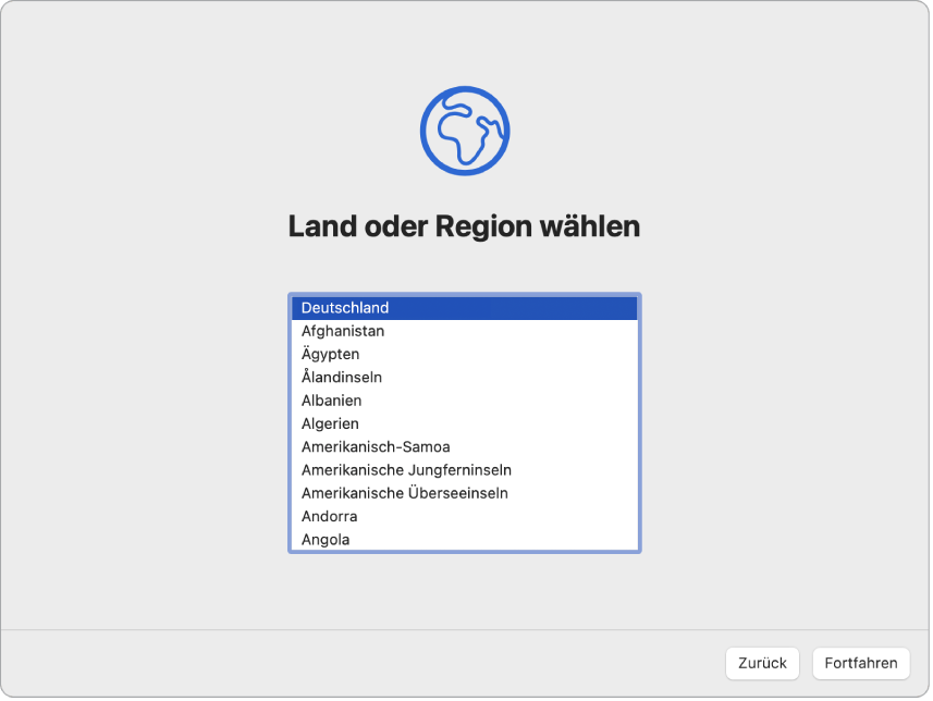 Ein Bildschirm im Systemassistenten zeigt Optionen zum Auswählen des Lands oder der Region des Benutzers.