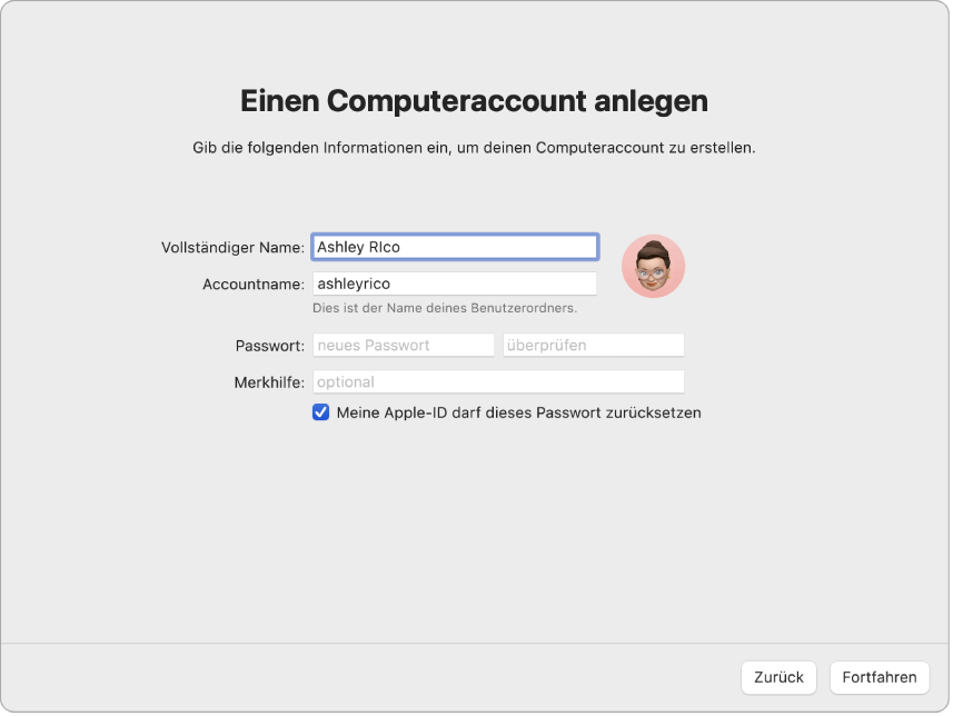 Ein Bildschirm des Systemassistenten sagt „Computeraccount anlegen“.