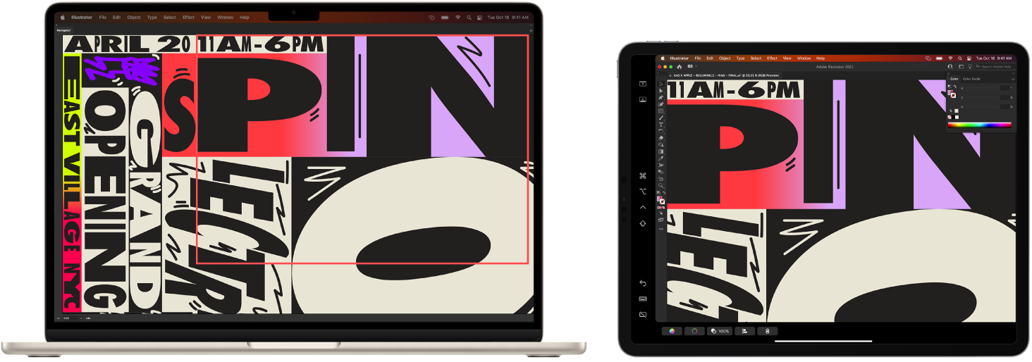 A MacBook Air and an iPad sitting side by side. The MacBook Air shows art within the navigator window of Illustrator. The iPad shows the same art in the document window of Illustrator, surrounded by toolbars.