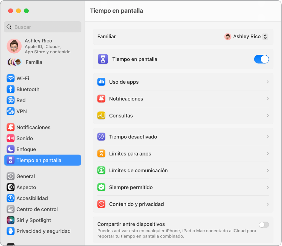 Una ventana de configuración de Tiempo en pantalla mostrando opciones para ver las Apps usadas, Notificaciones y Consultas, además de opciones para administrar Tiempo en pantalla, como programar Tiempo desactivado, configurar Límites para apps y Límites de comunicación, y más.