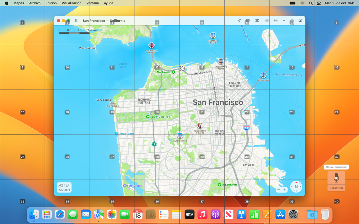 Mapas abierto en el escritorio con una cuadrícula sobrepuesta.