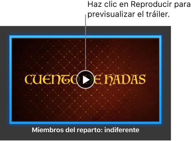 La pantalla de tráiler de iMovie donde se muestra el botón Reproducir.