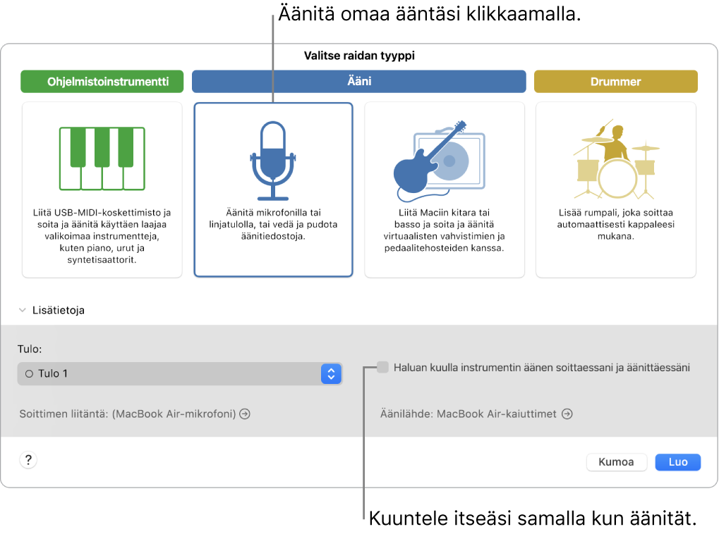 GarageBandin instrumenttipaneeli, jossa näkyy, missä klikata äänen tallentamista varten ja miten kuulet oman äänesi äänityksen aikana.