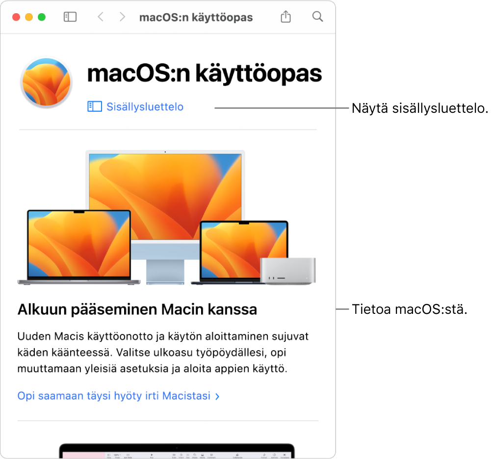 macOS:n käyttöoppaan tervetuloa-sivu, jossa näkyy Sisällysluettelo-linkki.