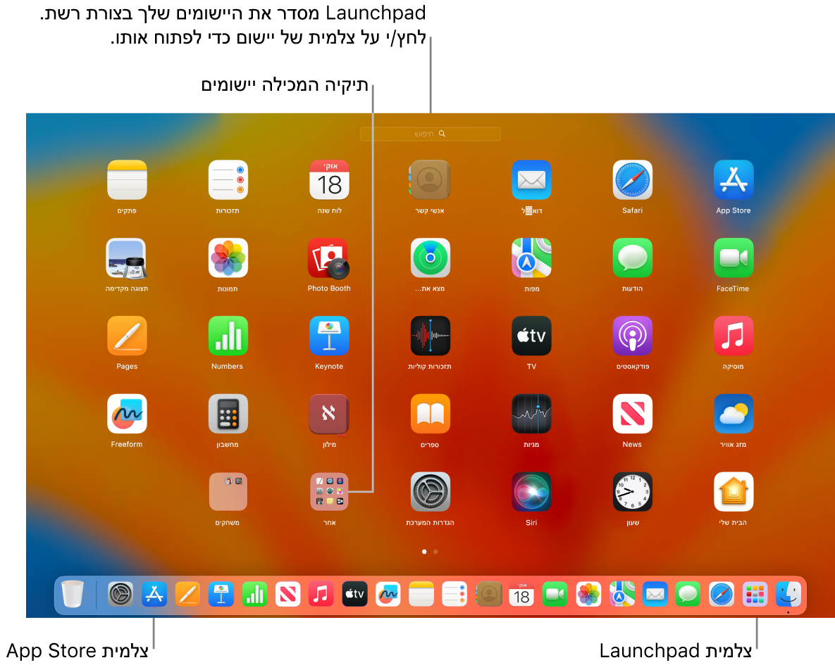 מסך של Mac עם ה‑Launchpad פתוח, תיקיה של יישומים מוצגת ב‑Launchpad וצלמיות של ה‑Launchpad וה‑App Store ב‑Dock.