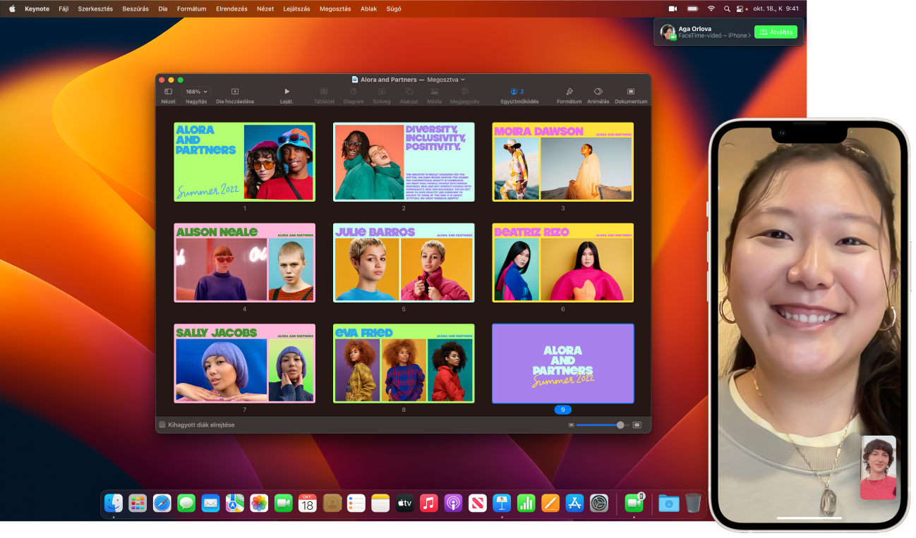 Egy FaceTime-hívás egy iPhone-on egy Mac íróasztala és egy megnyitott Keynote-ablak mellett. A Mac jobb felső sarkában egy gomb található, amely segítségével átadhatja a FaceTime-hívást a Macjére.