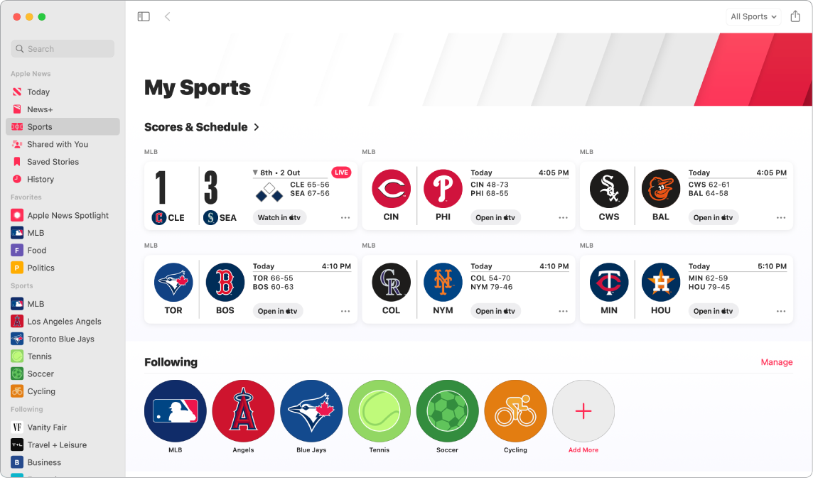 A News ablaka a My Sports, a Schedules és a Scores résszel, valamint a követett ligákkal, csapatokkal és sportokkal.