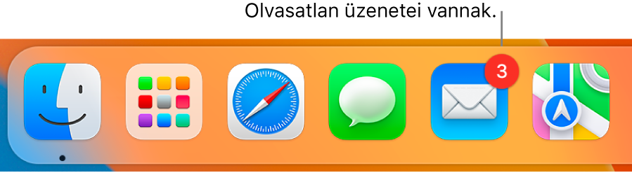 A Dock egy szakasza, amelyen a Mail app ikonja látszik, olvasatlan üzeneteket jelölő jelvénnyel.