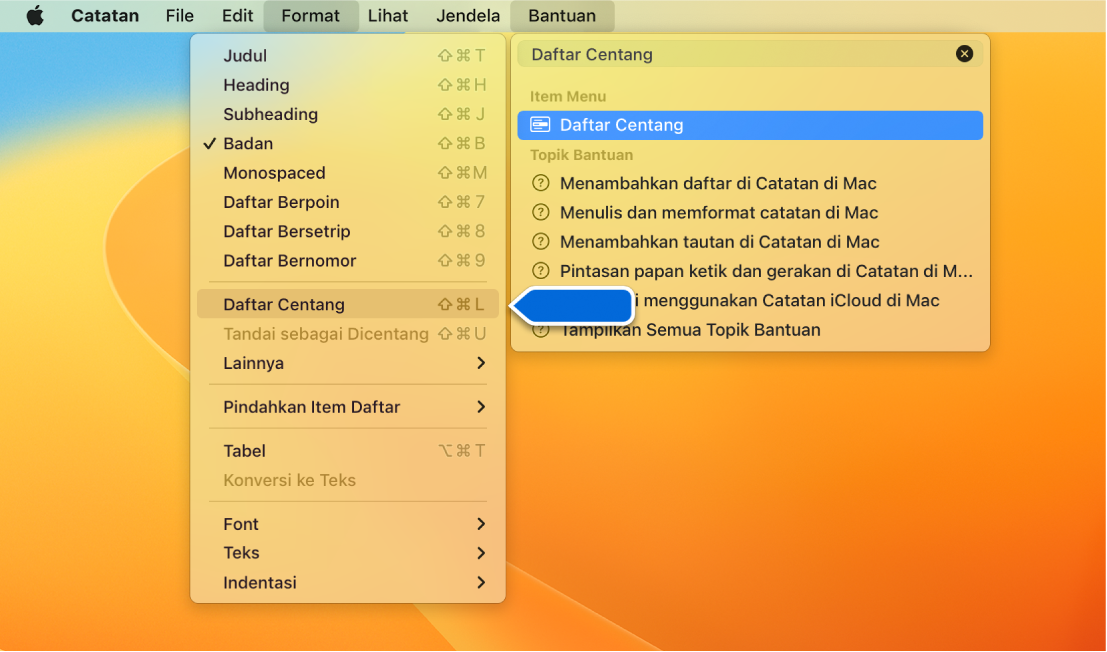 Menu Bantuan menampilkan pencarian untuk ”daftar” dengan perintah Daftar Berpoin disorot dalam daftar hasil dan di menu Format.
