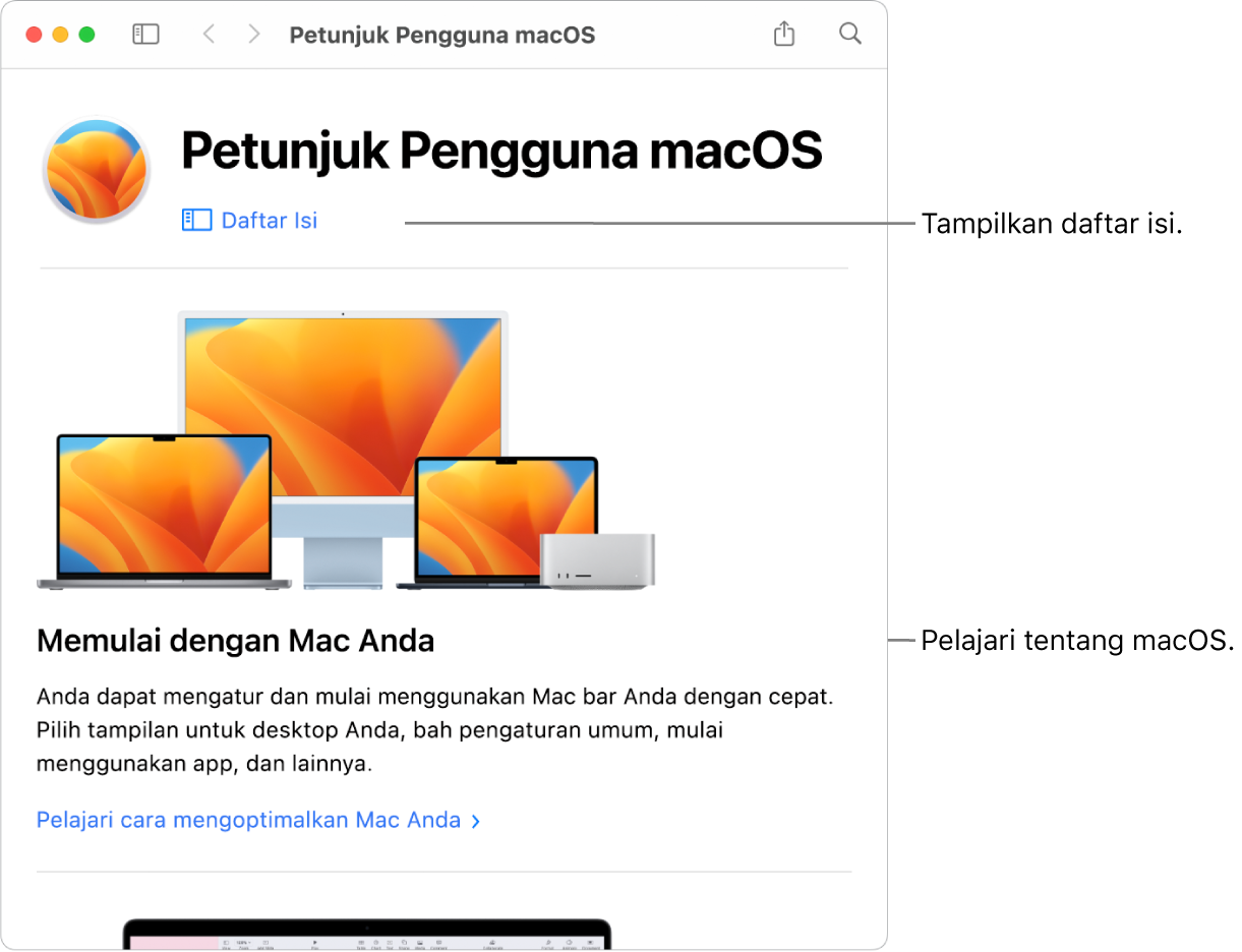 Untuk menemukan topik di Petunjuk Pengguna macOS, Anda dapat menelusuri atau mencari.