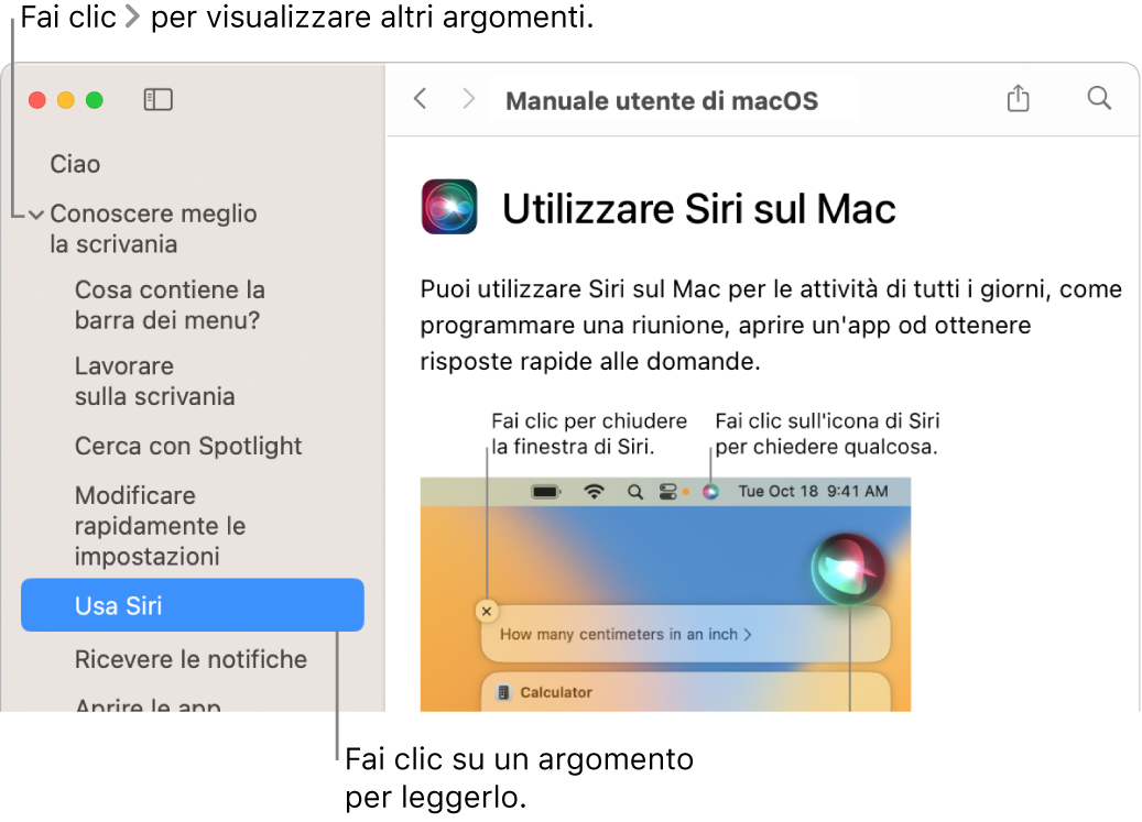 Visore di Aiuto con una didascalia che descrive come visualizzare gli argomenti nella barra laterale e un altra didascalia che descrive come visualizzare il contenuto di un argomento.