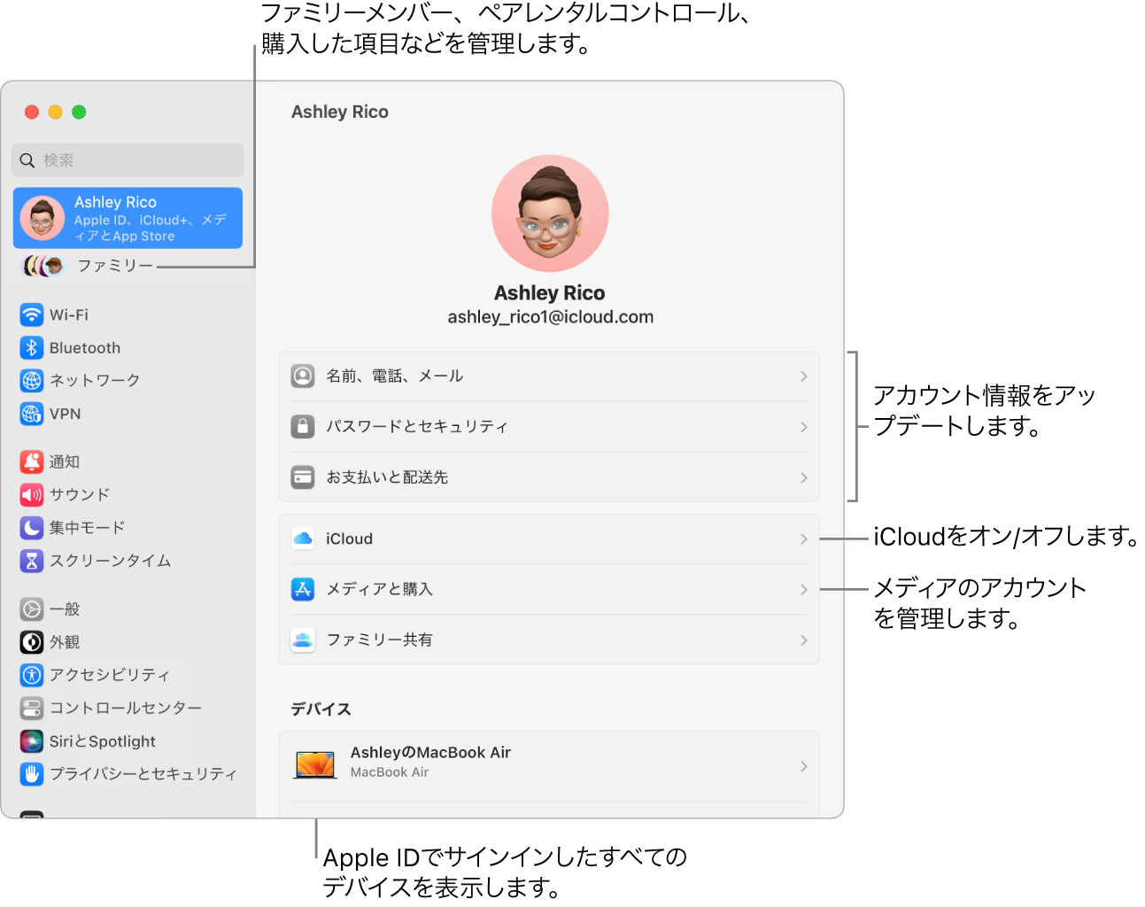 「システム設定」の「Apple ID」設定。アカウント情報のアップデート、iCloud機能のオン/オフ、メディアアカウントの管理と、ファミリーメンバー、ペアレンタルコントロール、購入などを管理できる「ファミリー」へのコールアウトがあります。