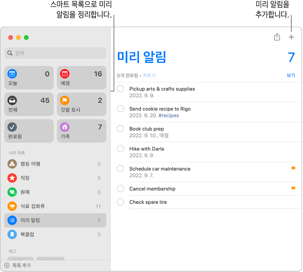 왼쪽에 스마트 목록이 있고 아래에 다른 미리 알림과 목록이 표시된 미리 알림 윈도우. 포인터가 미리 알림에 있음. 스마트 목록 및 ‘새로운 미리 알림 추가’ 버튼에 대한 설명이 있음.