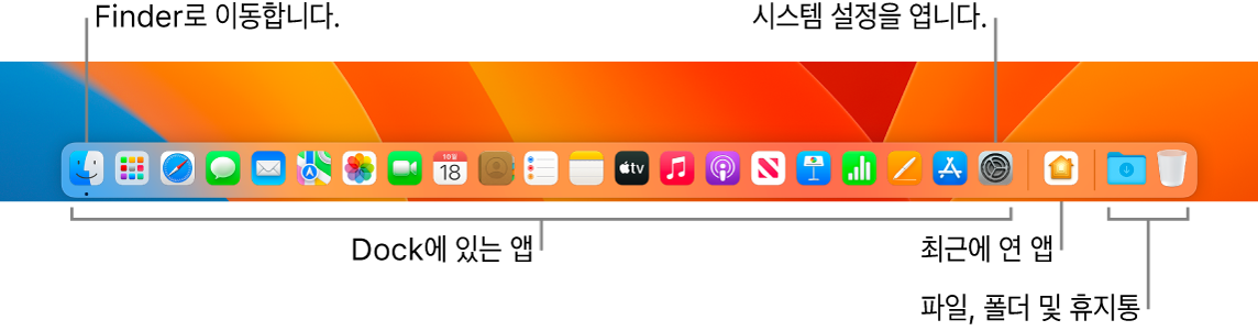 Finder, 시스템 설정 및 앱을 파일 및 폴더로부터 분리하는 Dock의 분리자를 보여주는 Dock.