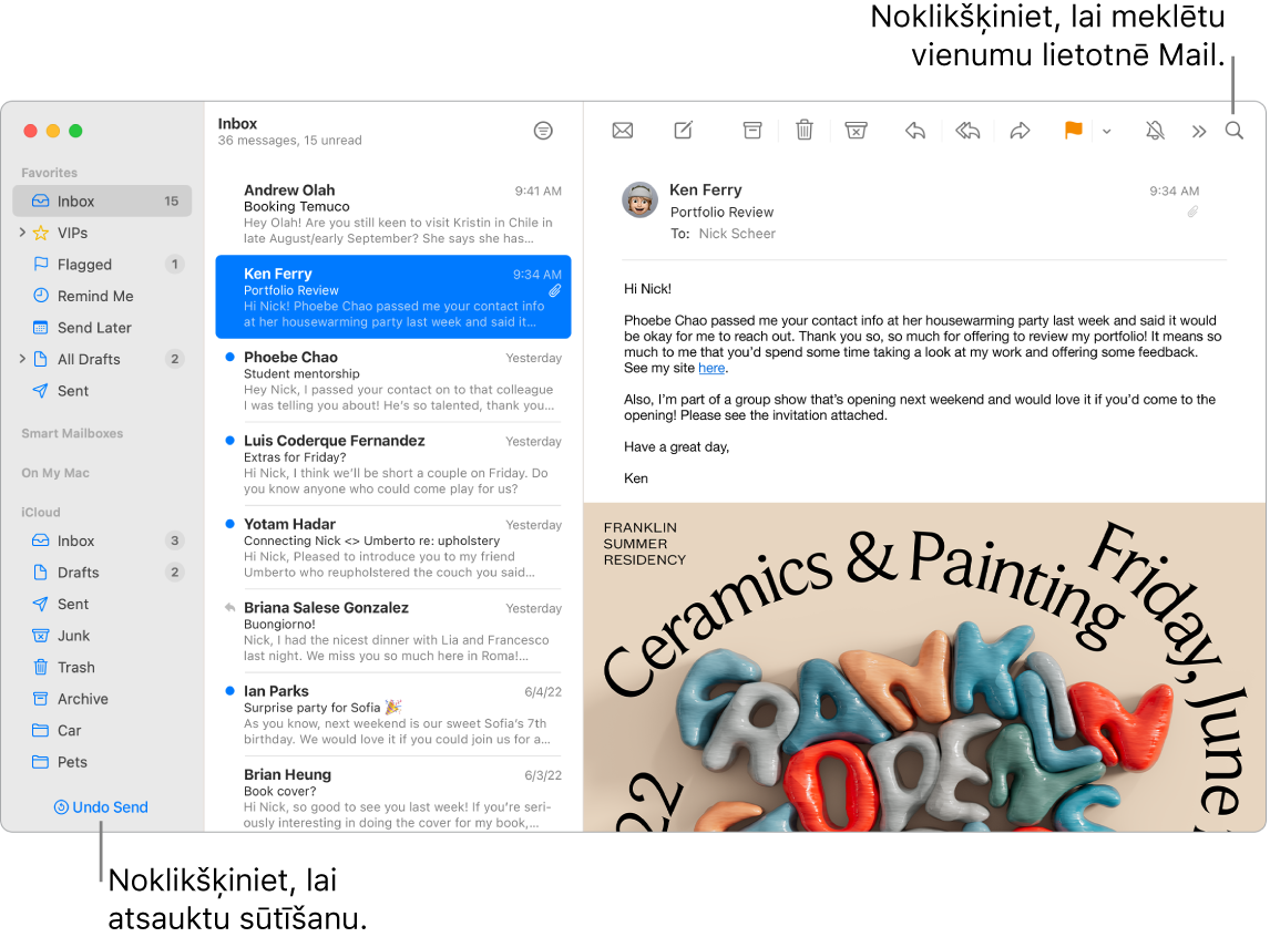 Lietotnes Mail loga kreisajā malā redzama sānu josla ar mapēm Favorites, Smart Mailboxes un iCloud, ziņojumu sarakstu blakus sānu joslai un atlasītā ziņojuma saturs labajā malā.