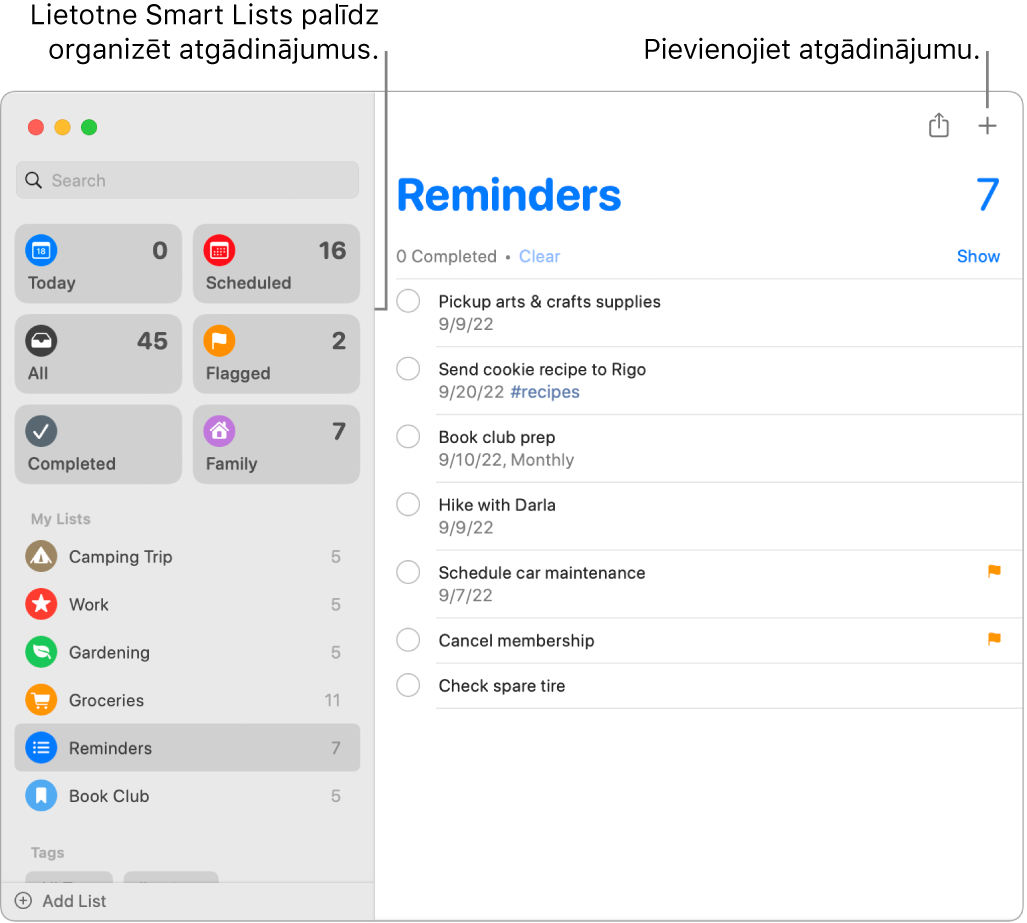 Lietotnes Reminders loga kreisajā malā redzami viedie saraksti, zem kuriem ir citi atgādinājumi un saraksti. Peles rādītājs atrodas atgādinājumā. Redzamas remarkas uz Smart Lists sarakstiem un pogu “Add a new reminder”.
