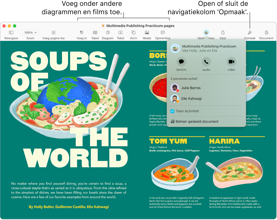 Een Pages-venster met twee actieve deelnemers in het activiteitenoverzicht onder de knop 'Werk samen' in de knoppenbalk. Er zijn bijschriften voor knoppen in de knoppenbalk om onder andere diagrammen en films toe te voegen en er is een bijschrift voor de knop om de navigatiekolom 'Opmaak' te openen of te sluiten.