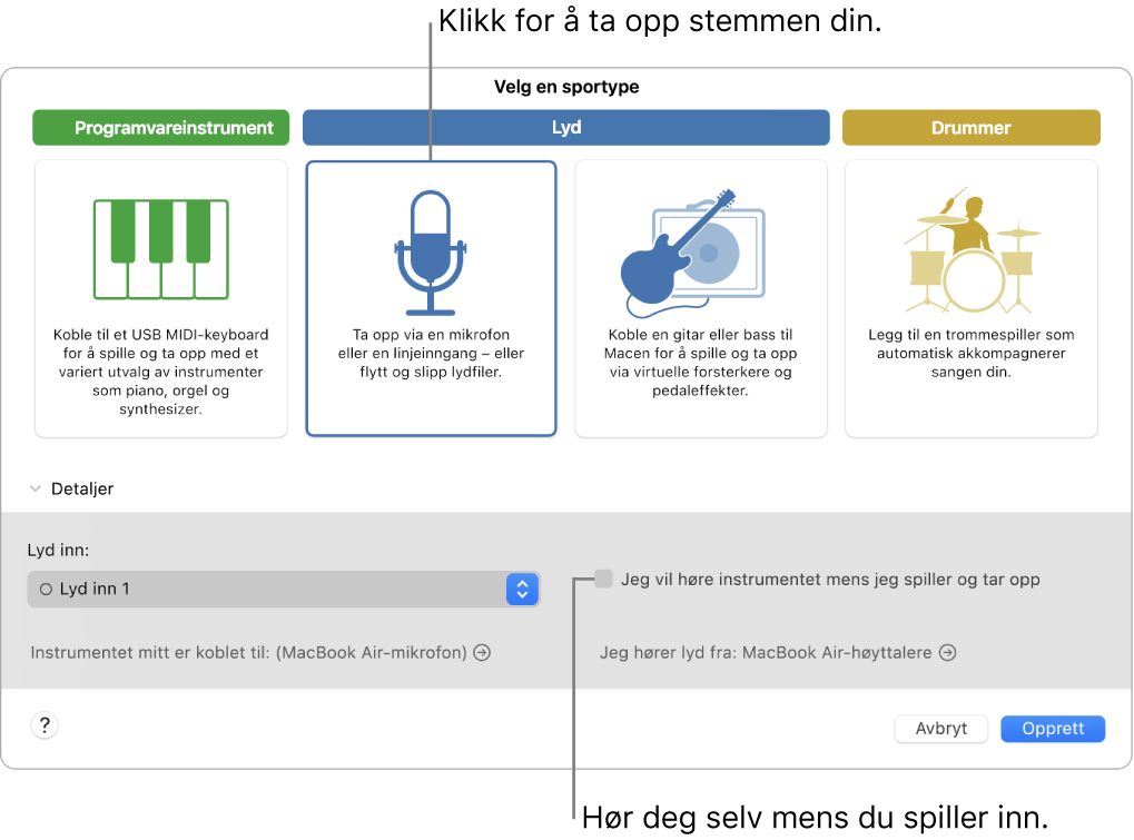 GarageBand-instrumentpanelet som viser hvor du skal klikke for å ta opp en stemme og hvordan du hører deg selv når du tar opp.