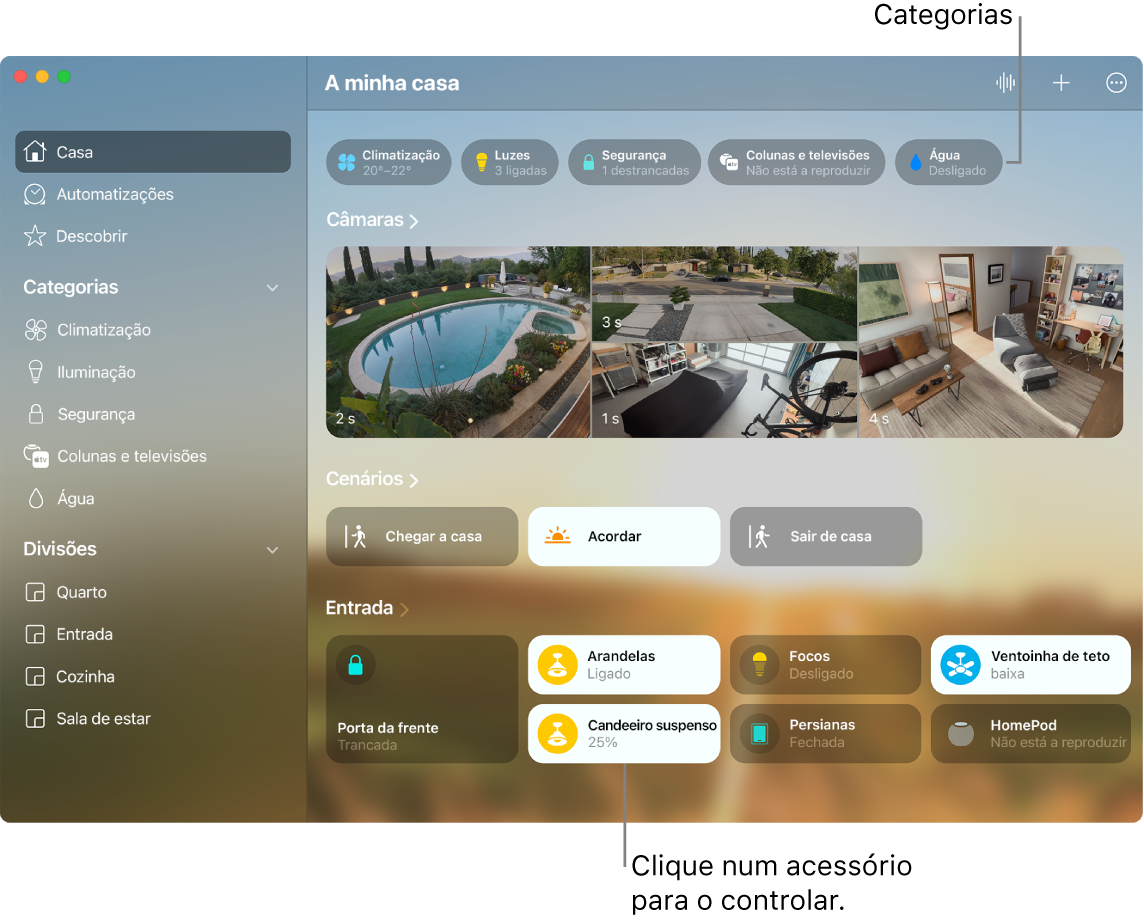 A aplicação Casa a mostrar categorias, cenários favoritos e acessórios favoritos.
