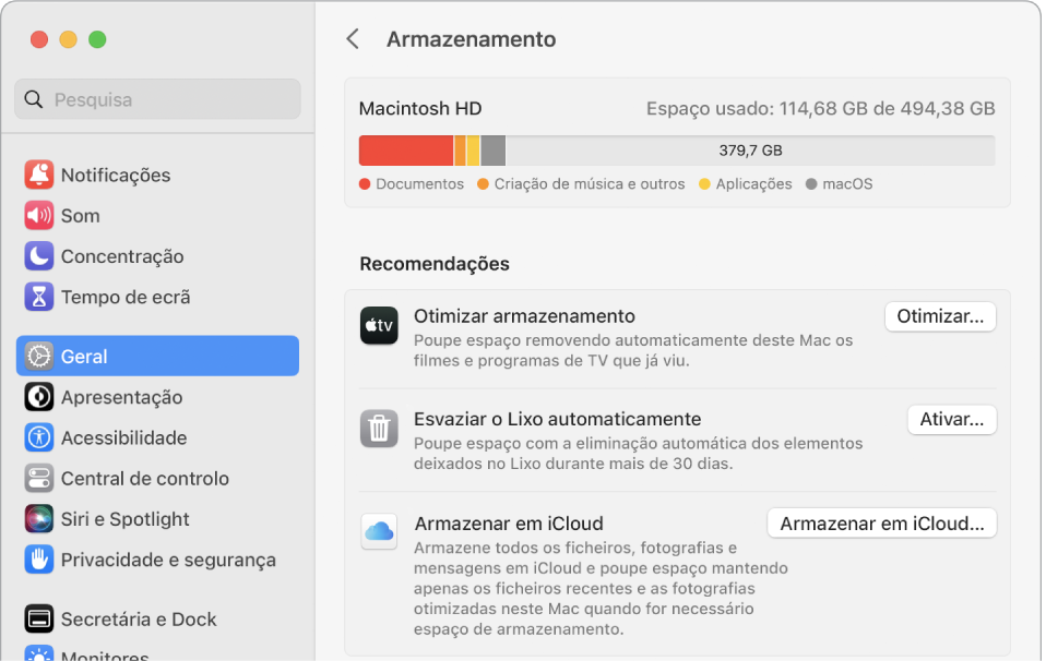 As definições de Recomendações para armazenamento, a mostrar as opções Armazenar em iCloud, Otimizar armazenamento e Apagar o Lixo automaticamente.