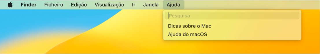 Parte da secretária visível, com o menu Ajuda aberto, a mostrar as opções de menu Pesquisar e Ajuda do macOS.