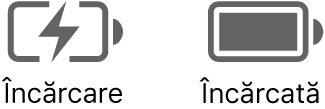 Pictogramele de stare a bateriei în curs de încărcare și încărcate.