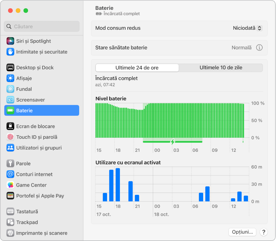 Fereastra de configurări Baterie afișând utilizarea energiei în ultimele zece zile. De asemenea, fereastra arată că starea de sănătate a bateriei este normală și există o opțiune pentru a activa Mod consum redus.