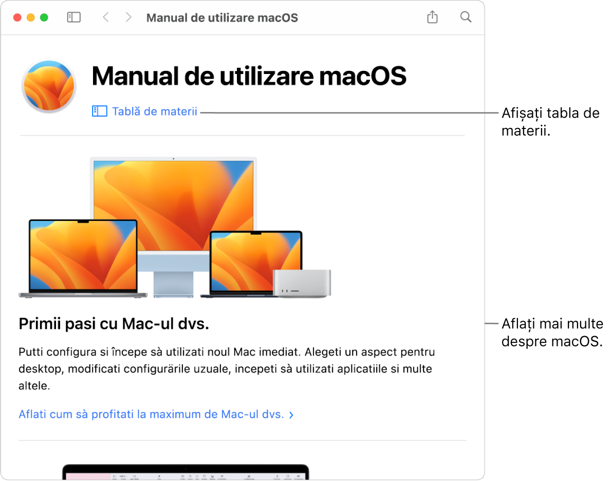 Pagina de bun venit a Manualului de utilizare macOS afișând linkul Tablă de materii.