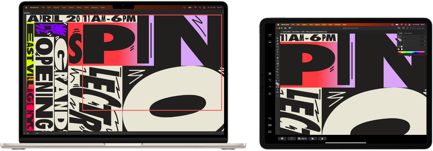 En MacBook Air och en iPad sida vid sida. MacBook Air visar konst i navigatorfönstret i Illustrator. iPad visar samma konst i dokumentfönstret med verktygsfält runtom i Illustrator.