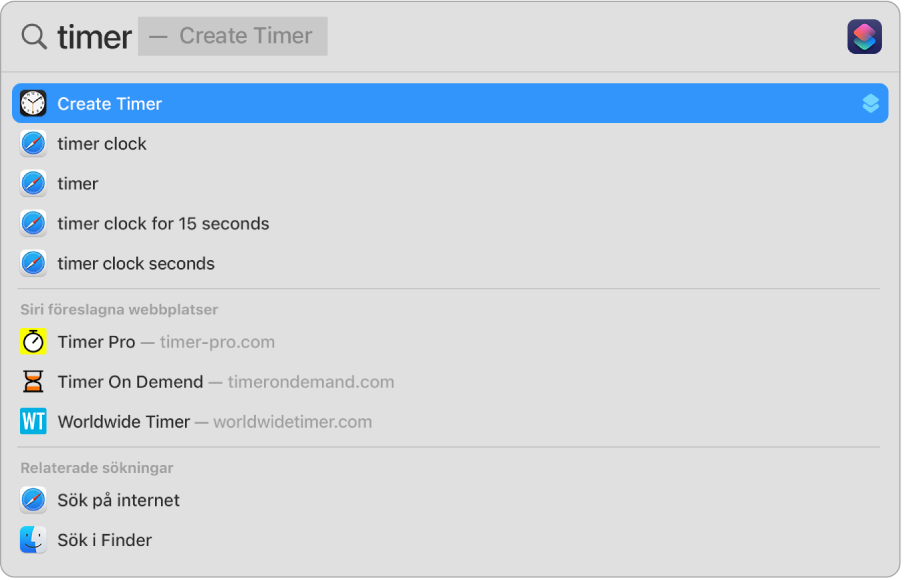 En Spotlight-sökning efter ”timer” visar träffar om att använda snabbåtgärden Skapa timer.
