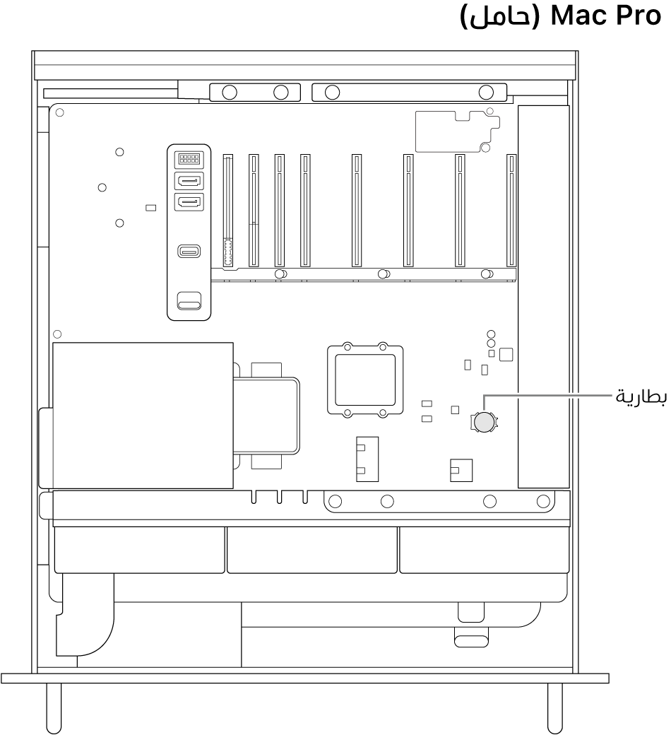 عرض لجانب مفتوح من الـ Mac Pro يوضح مكان البطارية الخلوية المعدنية.