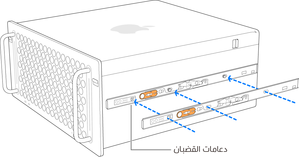 كمبيوتر Mac Pro ويتم ربط قضيب داخلي بجانبه.