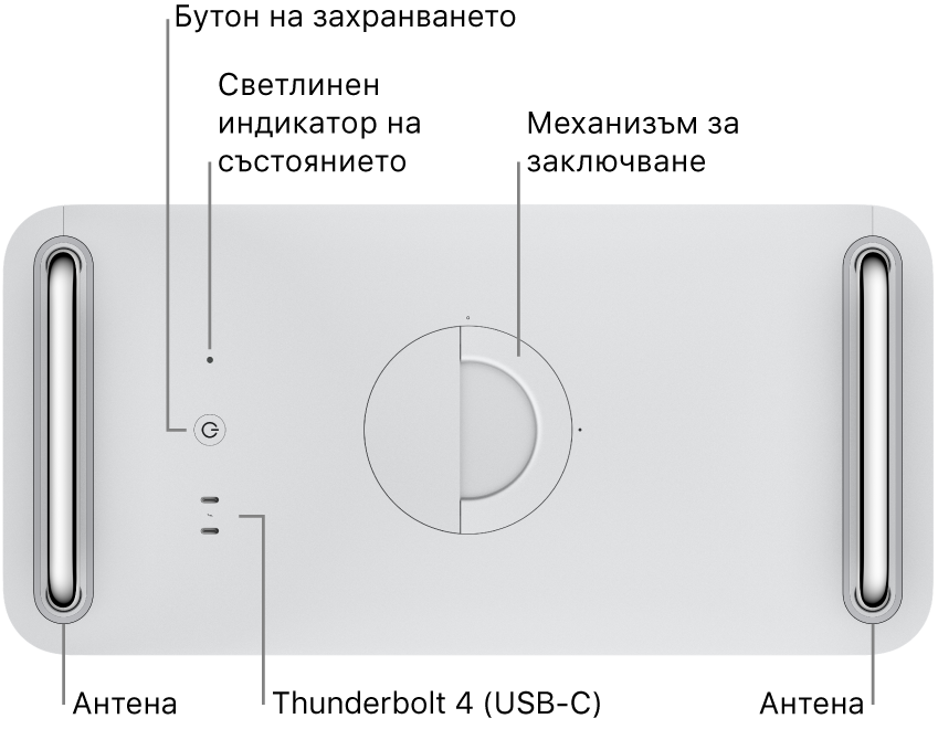 Горната част на Mac Pro, където са показани бутона за захранване, светлинен индикатор на състоянието, ключалка, два Thunderbolt 4 (USB-C) порта и две антени, една отляво и една отдясно.