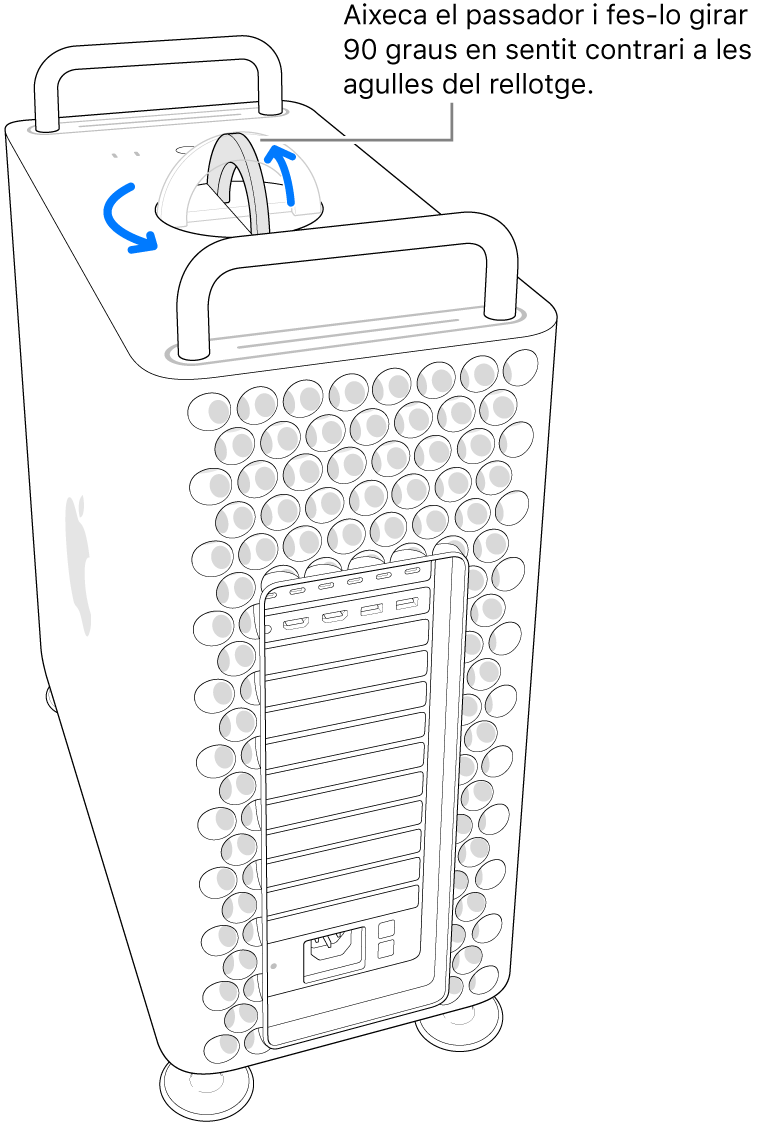 El primer que cal fer per treure la carcassa de l’ordinador és aixecar el passador i fer-lo girar 90 graus.