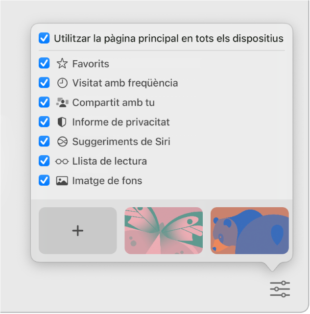 El menú desplegable “Personalitzar el Safari” amb les caselles de verificació Favorits, “Visitat amb freqüència”, “Compartit amb tu”, “Informe de privacitat”, “Suggeriments de Siri”, “Llista de lectura” i “Imatge de fons”.