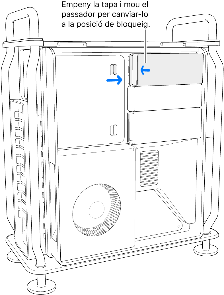 S’estan tornant a col·locar les cobertes de les unitats SSD fent lliscar el passador de bloqueig cap a la dreta i prement-lo cap a la coberta.