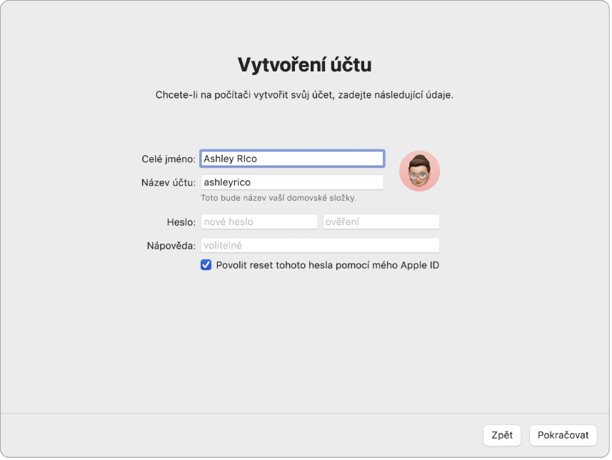 Obrazovka Průvodce nastavením s nadpisem „Vytvoření účtu“