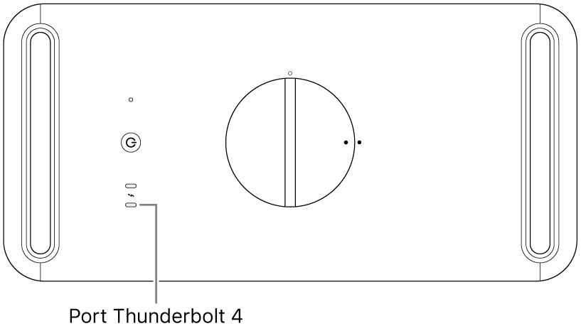 Horní strana Macu Pro s popiskem u správného portu Thunderbolt 4, který je třeba použít