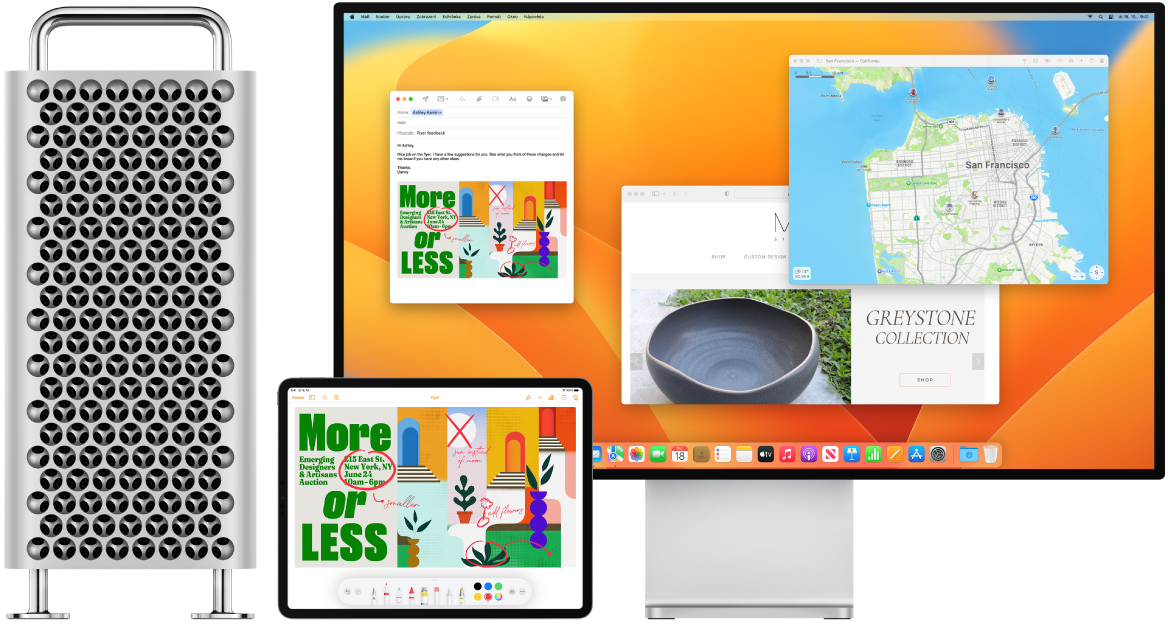Mac Pro a iPad vedle sebe. Na obrazovce iPadu je vidět leták s anotacemi. Na monitoru Macu Pro se zobrazuje zpráva v Mailu, obsahující jako přílohu anotovaný leták z iPadu.